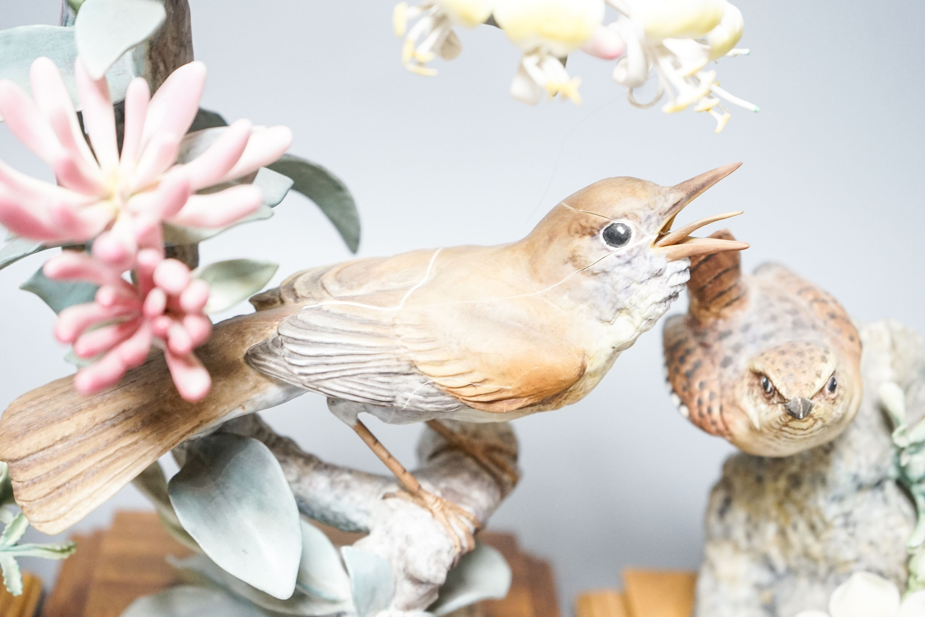 Three Royal Worcester porcelain groups of birds, modelled by Dorothy Doughty - ‘’Nightingale and Honeysuckle’’, “Wren and Burnet Rose’’, (a hen and a cock), each with certificates